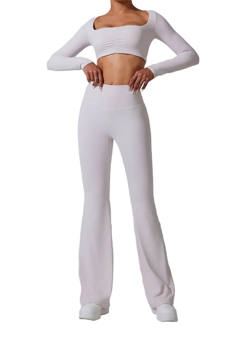 Women's Flared Activewear Set – Long Sleeve Top & High-Waist Flared Pants white blndl