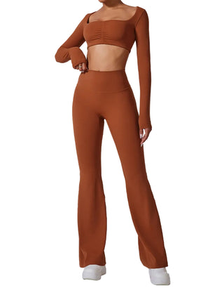 Women's Flared Activewear Set – Long Sleeve Top & High-Waist Flared Pants white brown