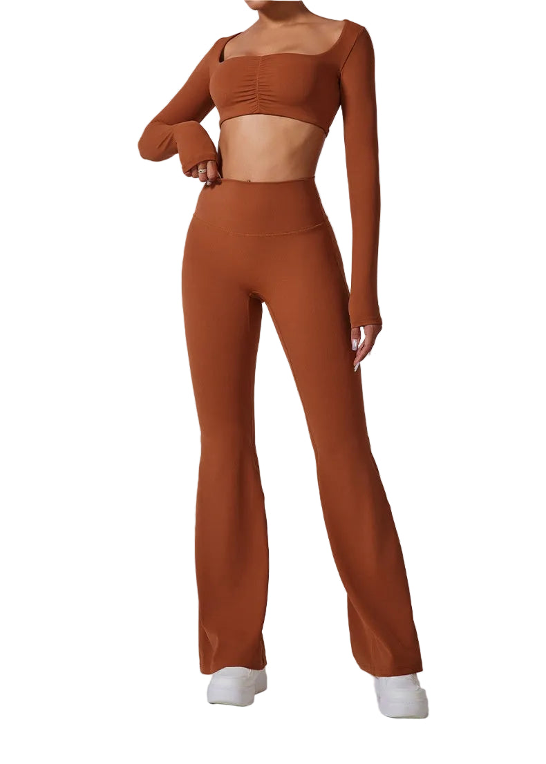 Women's Flared Activewear Set – Long Sleeve Top & High-Waist Flared Pants white brown