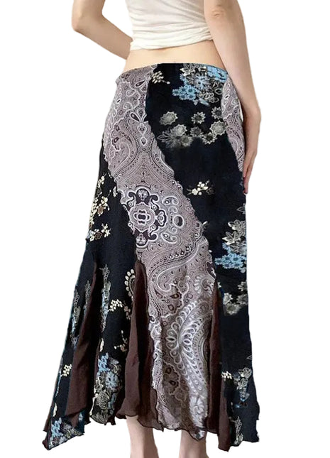 Artistic Retro Black Floral A-Line Long Skirt blndl