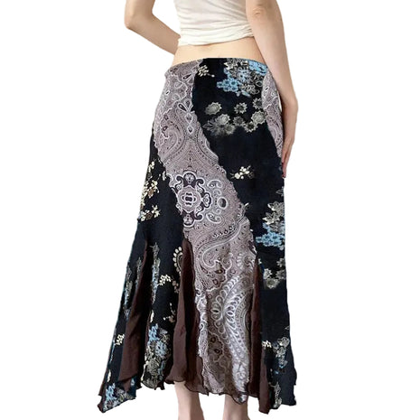 Artistic Retro Black Floral A-Line Long Skirt blndl