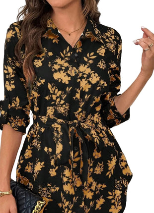 Women's Floral Belted Long Sleeve Shirt | Elegant Printed Tunic Blouse blndl top