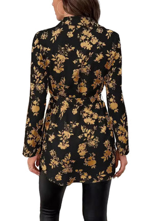 Women's Floral Belted Long Sleeve Shirt | Elegant Printed Tunic Blouse blndl top