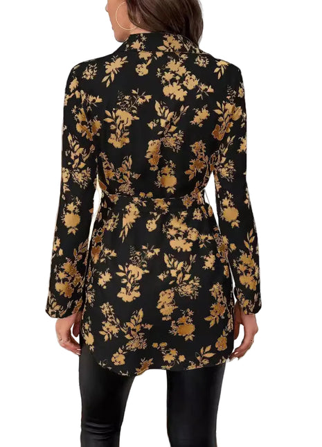 Women's Floral Belted Long Sleeve Shirt | Elegant Printed Tunic Blouse blndl top
