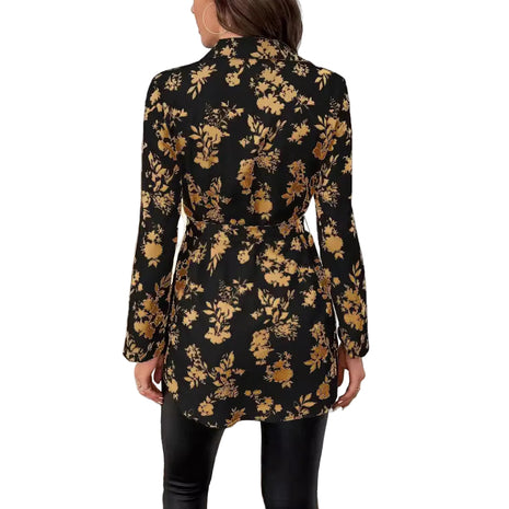 Women's Floral Belted Long Sleeve Shirt | Elegant Printed Tunic Blouse blndl top