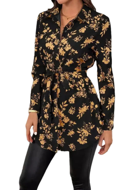 Women's Floral Belted Long Sleeve Shirt | Elegant Printed Tunic Blouse blndl top