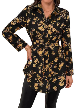 Women's Floral Belted Long Sleeve Shirt | Elegant Printed Tunic Blouse blndl top