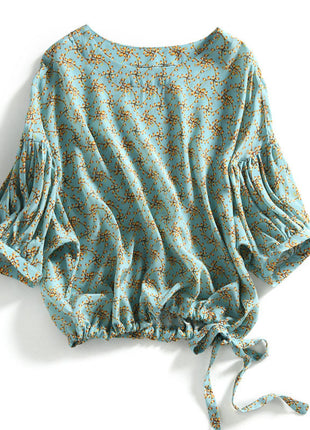 Women's Floral Cropped Lantern Sleeve Top | Bow Detail Blouse
