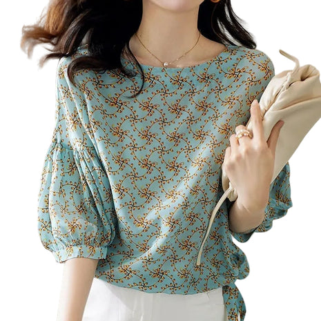 Women's Floral Cropped Lantern Sleeve Top | Bow Detail Blouse
