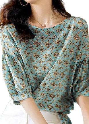 Women's Floral Cropped Lantern Sleeve Top | Bow Detail Blouse