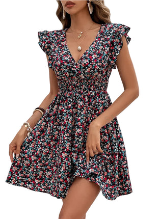 Women’s small floral print high waist dress with elegant ruffle details and short sleeves.