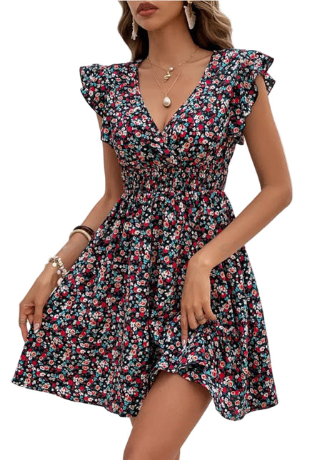 Women’s small floral print high waist dress with elegant ruffle details and short sleeves.