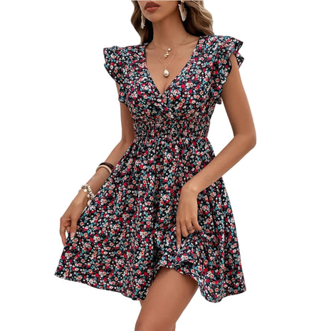 Women’s small floral print high waist dress with elegant ruffle details and short sleeves.