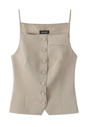 Women's French-style slim-fit sling top in khaki featuring elegant button-front detailing and delicate shoulder straps.
