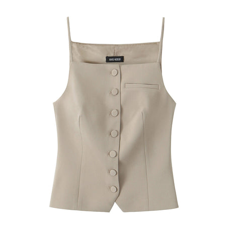 Women's French-style slim-fit sling top in khaki featuring elegant button-front detailing and delicate shoulder straps.