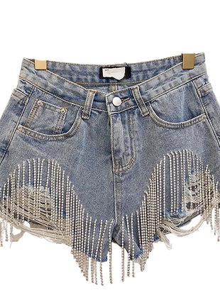 Versatile Women's High Waist Fringed Chain Denim Shorts