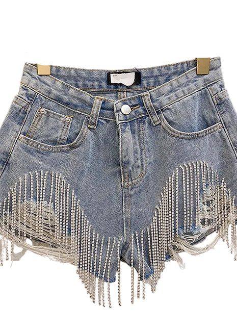 Versatile Women's High Waist Fringed Chain Denim Shorts