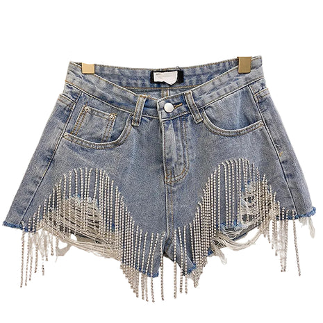 Versatile Women's High Waist Fringed Chain Denim Shorts