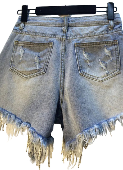 Celebrity Style Light Blue Denim Shorts with Beading