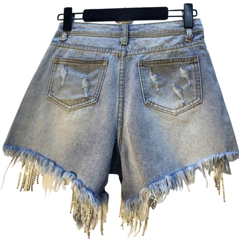 Celebrity Style Light Blue Denim Shorts with Beading