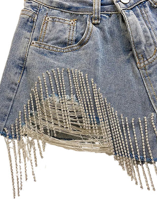 Light Blue Washed Cotton Denim Shorts with Beaded Fringe