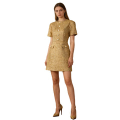 Women's Gold Tweed Cocktail Dress
Elegant Short Sleeve Pearl Button 