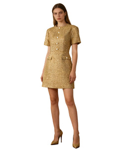 Women's Gold Tweed Cocktail Dress
Elegant Short Sleeve Pearl Button 