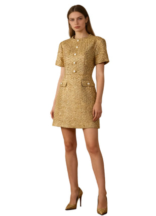 Women's Gold Tweed Cocktail Dress
Elegant Short Sleeve Pearl Button 