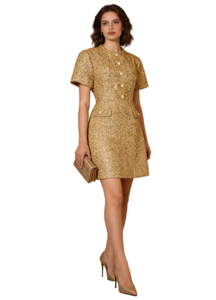 Elegant Metallic Gold Tweed Party Dress