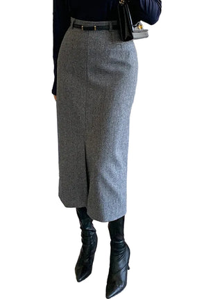 Versatile Women's Gray High Waist Midi Skirt for Autumn and Winter