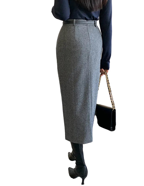 Thickened Women's Winter Office Midi Skirt in Gray blndl