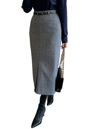 Versatile Women's Gray High Waist Midi Skirt for Autumn and Winter blndl