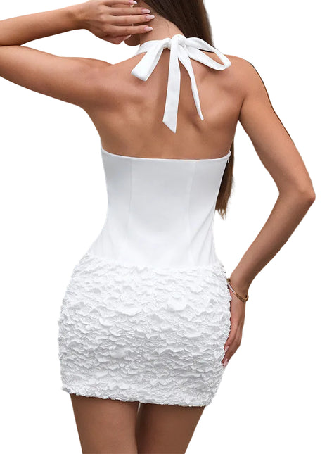 Women’s halter backless mini dress in white with slim fit silhouette and elegant high waist design.