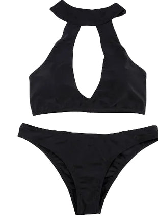 Women's Halter Ring Buckle Hollow Split Swimsuit black