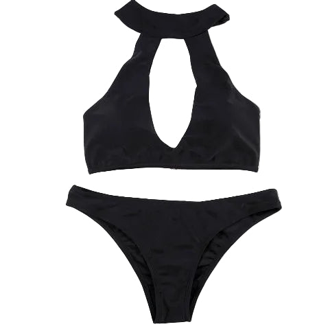 Women's Halter Ring Buckle Hollow Split Swimsuit black