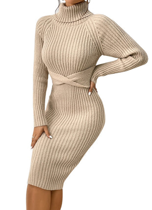 Khaki slim fit knit dress featuring soft sweater fabric and elegant seasonal design.