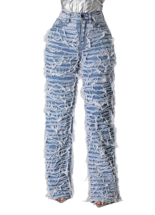 Women’s high waist ripped straight-leg jeans with distressed denim and tassel edging details.