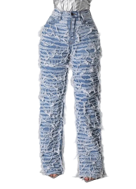 Women’s high waist ripped straight-leg jeans with distressed denim and tassel edging details.