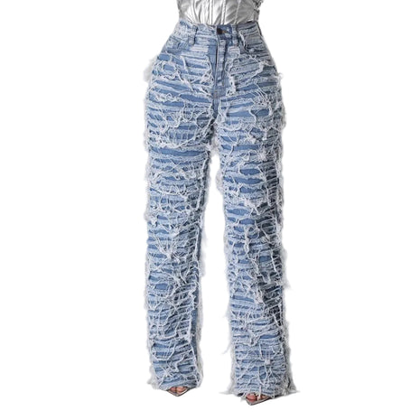 Women’s high waist ripped straight-leg jeans with distressed denim and tassel edging details.