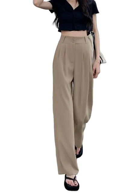 Japanese Korean style women’s casual trousers featuring wide-leg silhouette and practical pockets.
