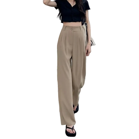 Japanese Korean style women’s casual trousers featuring wide-leg silhouette and practical pockets.