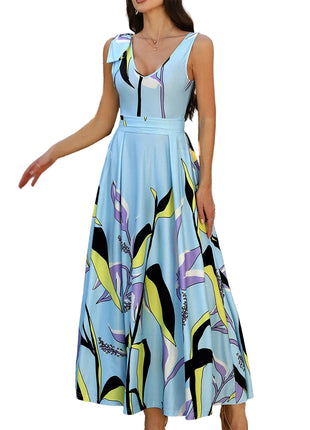 Elegant High Waist Floral Vacation Dress