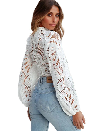 Women's Hollow Lace Long Sleeve Top | Elegant Sheer Lace Blouse blndl