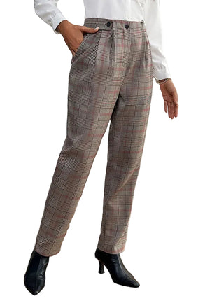 Women’s houndstooth suit pants with slim fit design and elegant pleated details.