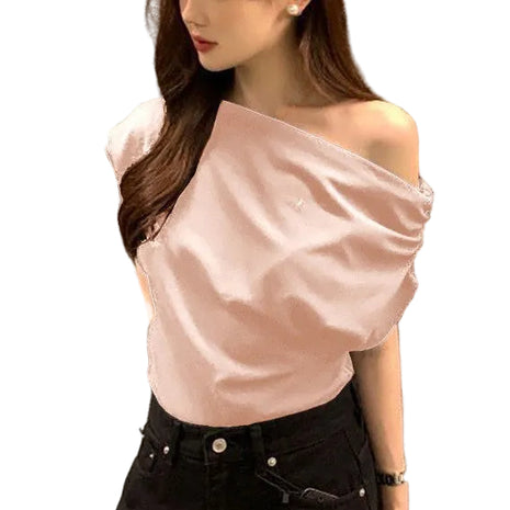 Women's Irregular One-Shoulder Top | Summer Asymmetrical Fashion Top blndl light pink