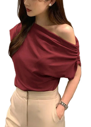 Women's Irregular One-Shoulder Top | Summer Asymmetrical Fashion Top blndl wine red