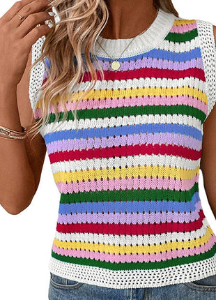 Women's Japanese dopamine striped round neck pullover featuring colorful contrast stripes and a slim-fit knit design.