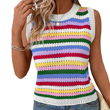 Women's Japanese dopamine striped round neck pullover featuring colorful contrast stripes and a slim-fit knit design.