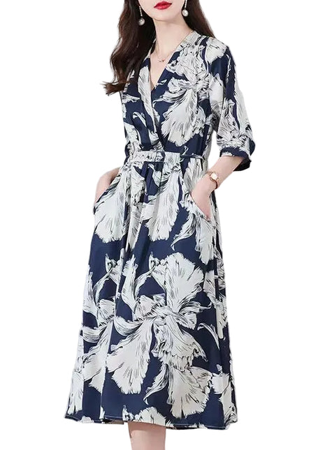 Chinese Style V-Neck Midi Dress for Women