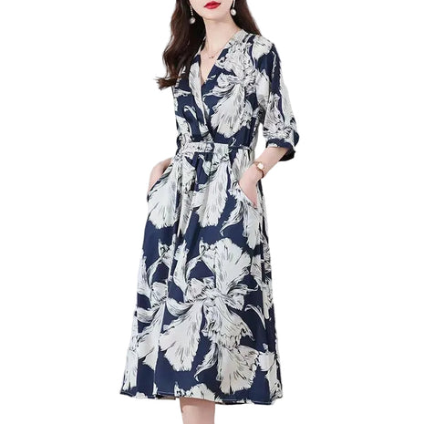 Chinese Style V-Neck Midi Dress for Women